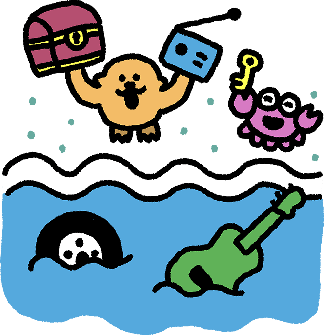 漂着物を掲げて喜ぶラッコとかにのイラスト